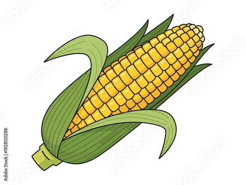 Cartoon illustration of an ear of yellow corn partially wrapped in green husks