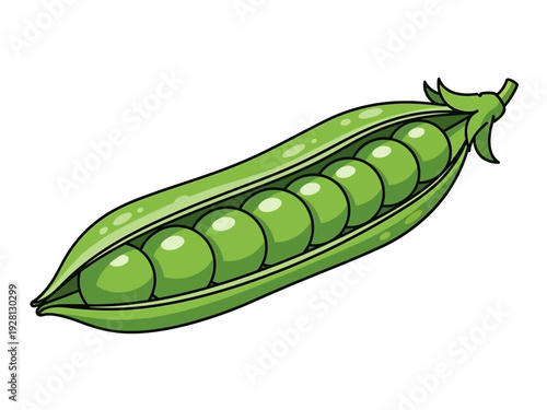 Cartoon illustration of an opened green pea pod with seven visible peas