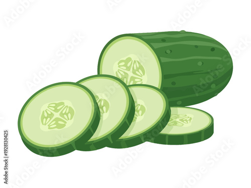 Illustration of a whole cucumber partially sliced on a white background
