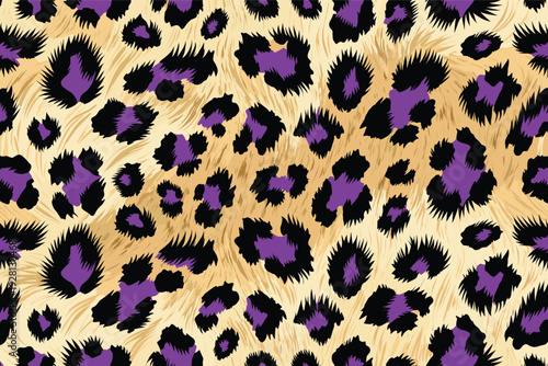 Vibrant Leopard Print Pattern with Yellow Spots Black Fuzzy Edges and Purple Shapes Dynamic Design