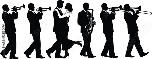Jazz musicians band silhouettes with dancing couple trumpet saxophone trombone players black vector illustration isolated background