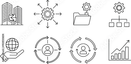Business Workflow and Digital Management Line Icon Set with Corporate Building, Process Gear, File Organization, User Cycle and Growth Chart Symbols