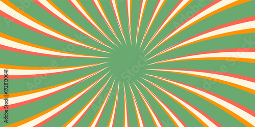 Retro horizontal background with sunburst in a spiral or swirled radial striped design. Blue, yellow, pink and green colors. Trendy vector illustration in style 70s, 80s