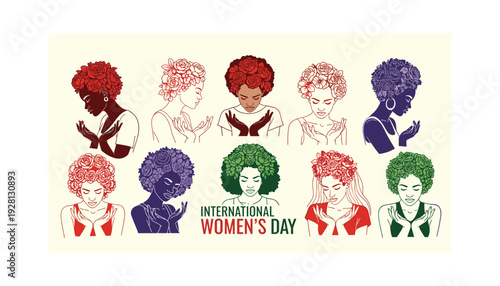 Diverse women celebrating International Women's Day with flowers in hair