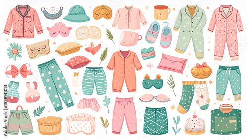 Pajama Party Doodle Vector Set – Cute Flat Hand-Drawn Sleepover and Nightwear Illustrations