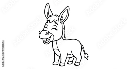 A cheerful cartoon donkey stands facing right with a smiling expression depicted in a stark silhouette high quality professional detailed modern