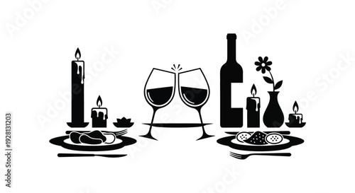 A black silhouette depicting a romantic dinner setting with wine candles and food items silhouette high quality professional detailed modern elegant