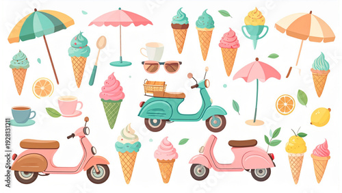 Retro Italian Summer Vector Set – Hand-Drawn Illustrations of Gelato, Vespa, Lemonade, and Beaches