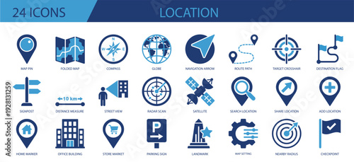 24 modern professional location icons for navigation and mapping applications