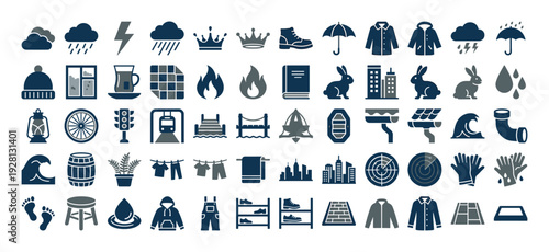 Collection of diverse icons representing weather, clothing, and urban elements