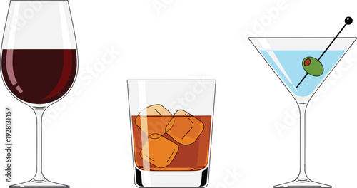 Wine glass whiskey tumbler and martini cocktail vector illustration set alcoholic drinks isolated on white background