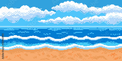 Pixelated seascape featuring a beach ocean and cloudy blue sky