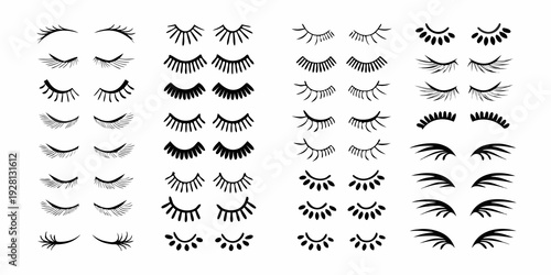 Collection of diverse black eyelash shapes arranged in a grid pattern
