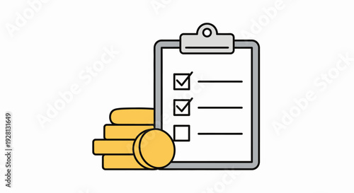 Clipboard Checklist with Coins and Currency.