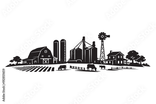 American Farmland Silhouette Panorama, Vector Illustration, Isolated on White Background