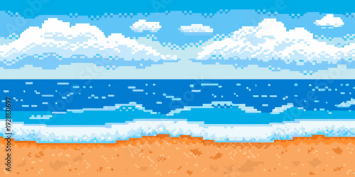 Pixelated landscape showing a beach with ocean sand and sky