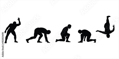 Silhouette Sequence Of A Man Performing A Backflip On White Background male athlete