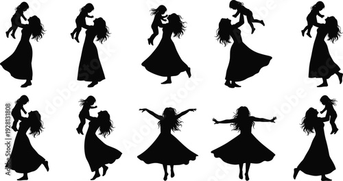 Mother and daughter silhouettes collection loving parent lifting child black vector illustration family bonding isolated background set