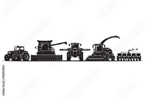 Agricultural Machinery Lineup Silhouette, Vector Illustration, Isolated on White Background