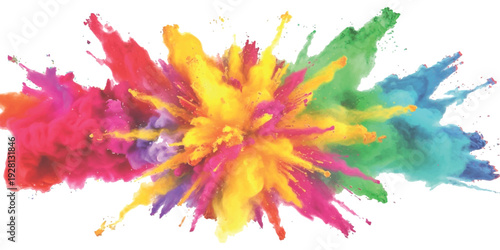 Vibrant explosion of colorful powder splash with rainbow hues on a white background, abstract artistic vector illustration design