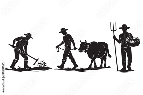 Farmer Working Silhouette, Vector Illustration, Isolated on White Background