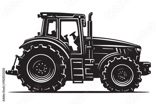 Tractor Silhouette Side View, Vector Illustration, Isolated on White Background
