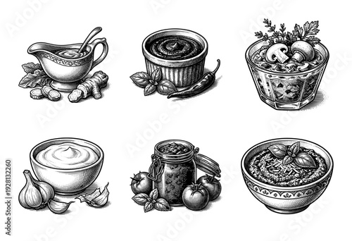 A collection of gourmet sauces, dips, and condiments featuring garlic, ginger, tomato, and mushrooms in a detailed black and white vintage engraving style.