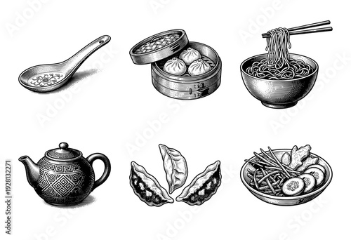 Vintage engraving collection of traditional Chinese cuisine featuring dim sum dumplings noodles teapot and ceramic soup spoon in woodcut style