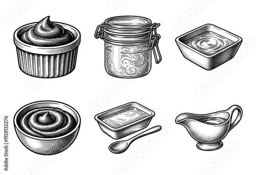 Vintage woodcut style collection of condiment containers featuring jars, bowls, and gravy boats for culinary and food service design.