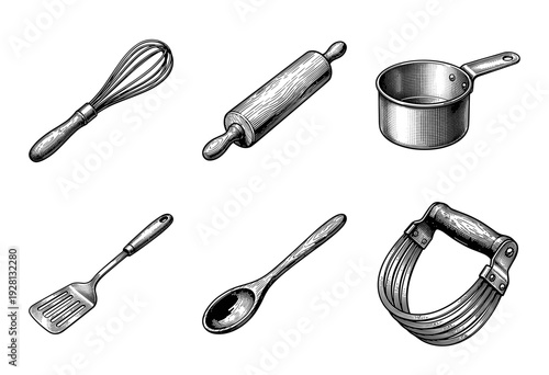 Vintage style engraving collection of essential kitchen utensils including whisk rolling pin saucepan spatula wooden spoon and pastry blender.