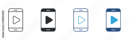 Mobile video player icon set, smartphone play button symbol, media streaming vector illustration