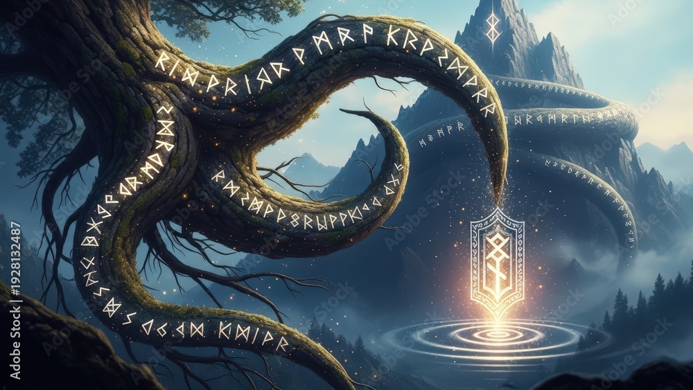 Fototapeta premium Mystical tree with glowing runes in fantasy landscape