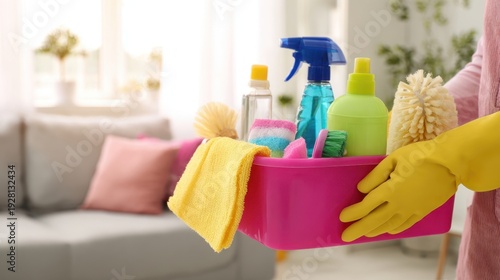 Wallpaper Mural The Cleaning Caddy Filled With Colorful Household Supplies and Rubber Gloved Hands Torontodigital.ca