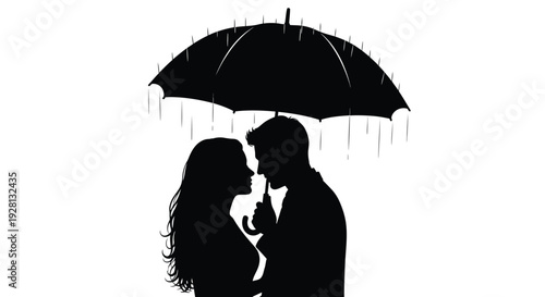 A couple shares a tender moment under an umbrella shielded from rainfall in a striking silhouette high quality professional detailed modern