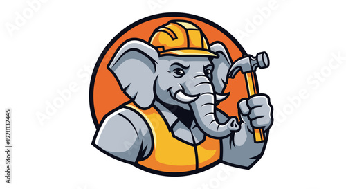 Cartoon elephant in construction hat and vest holding a hammer.