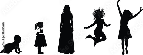 Female life stages silhouettes from baby to woman jumping poses black vector illustration isolated on white background