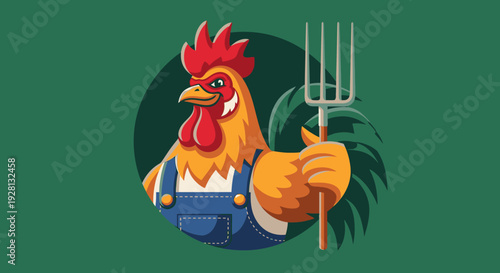 A cartoon rooster holding a pitchfork.