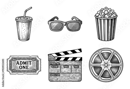 Vintage cinema and movie theater icon collection featuring engraved woodcut style illustrations of popcorn soda and film equipment