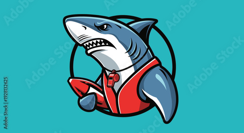 A cartoon illustration of an angry or determined shark wearing a red vest and whistle, holding an American football, set against a teal background.