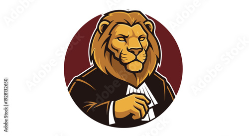 A cartoon-style lion mascot wearing a formal suit and cravat, depicted with a serious and professional expression against a dark red circular background.
