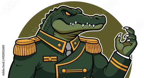 Cartoon illustration of a stern anthropomorphic alligator in a green military uniform with gold epaulets and stars, looking authoritative.