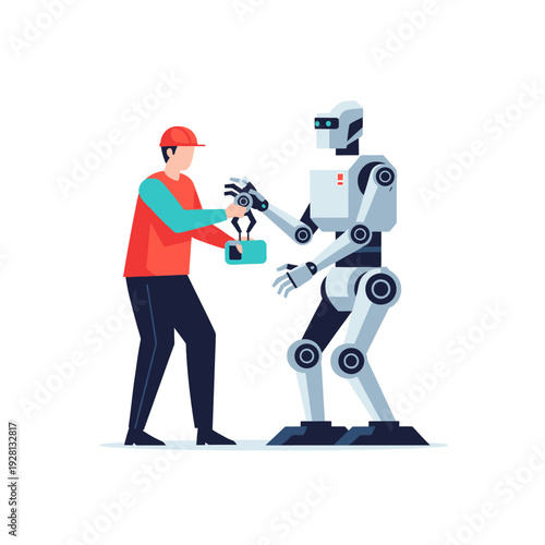 Human and robot collaborating, exchanging a package, future technology, teamwork