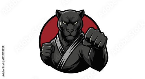 Stylized black panther mascot wearing a martial arts gi in a fighting pose with a red circular background, ready for combat.