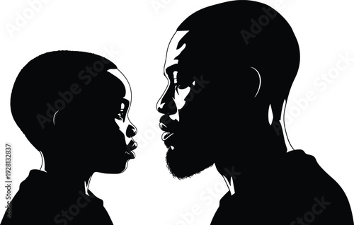 Black silhouette of father and son face to face, profile portrait of African American man and child, parenting, family love, connection, mentorship vector