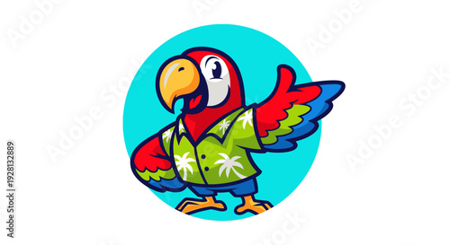 Friendly cartoon parrot character wearing a Hawaiian shirt and giving a thumbs-up gesture, set against a vibrant blue circular background.