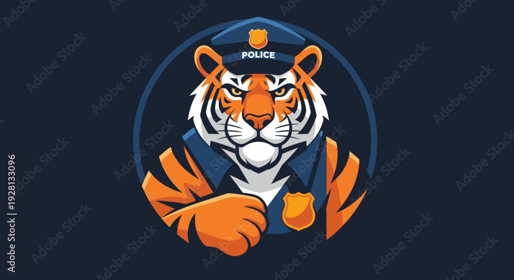 Obraz premium A cartoon illustration of a strong tiger mascot wearing a police officer's uniform and hat, depicted in a circular frame on a dark background.