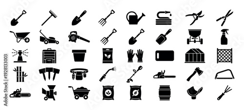 Collection of garden and landscaping tools and equipment icons in black and white