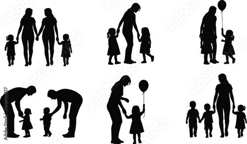 Family silhouette set with parents and children holding hands playing together happy parenting black vector illustration isolated
