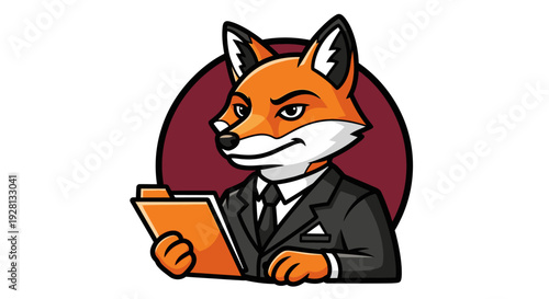 A cunning cartoon fox character dressed in a business suit, holding an orange folder, with a dark red circular background.