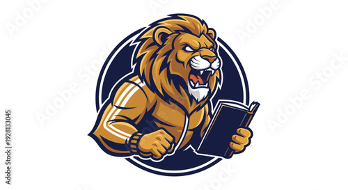 A fierce, muscular lion mascot wearing a tracksuit jacket, holding an open book, against a dark blue circular background, symbolizing strength and knowledge.